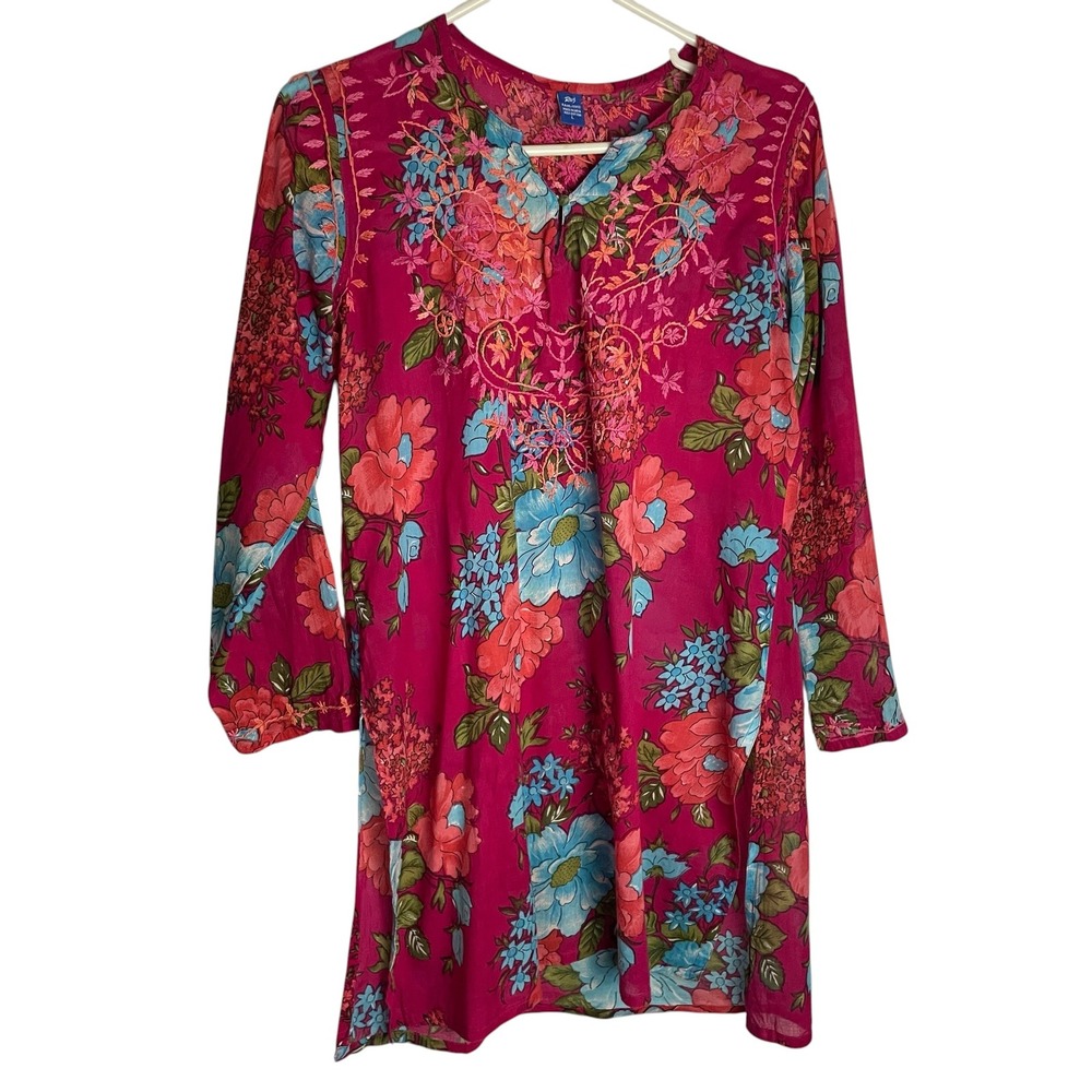 Raj Womens Floral Embroidered Tunic Top Sz L Pink Keyhole Neck Boho Long Sleeve